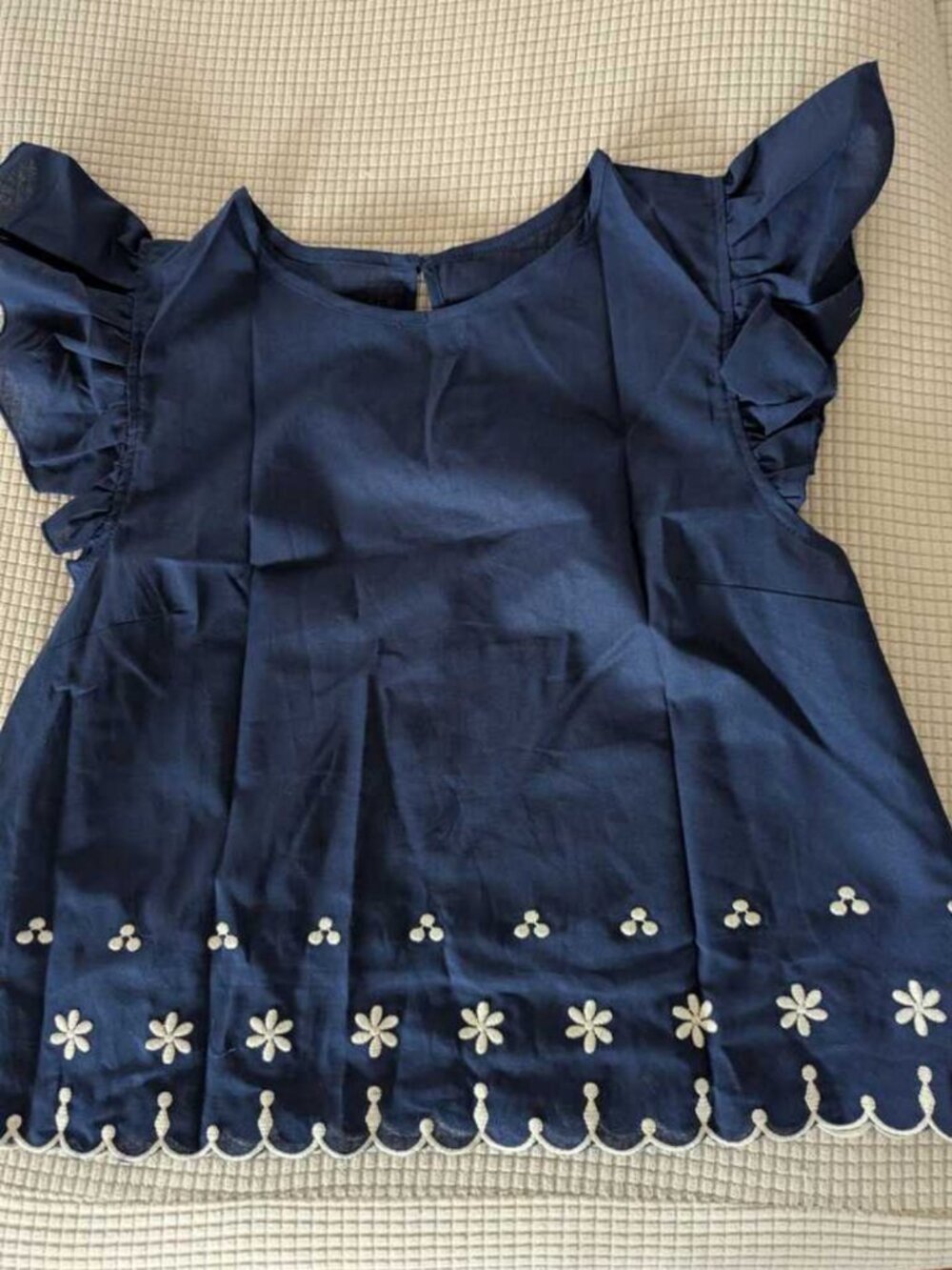 Women's Cotton Navy Blue Embroidered Flutter Sleeve Boho Blouse Summer Cotton To - Picture 4 of 7
